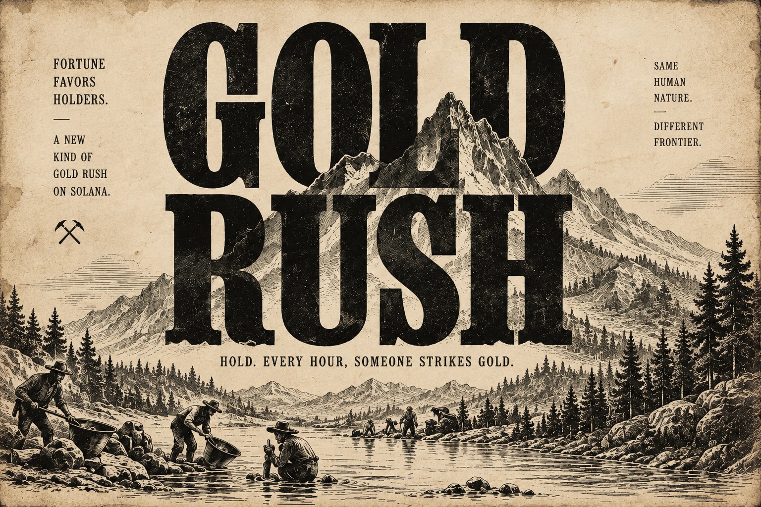 GOLD RUSH — fortune favors holders. A new kind of gold rush on Solana. Same human nature, different frontier. Hold. Every hour, someone strikes gold. Engraving of prospectors panning for gold along a riverbank beneath the GOLD RUSH masthead.