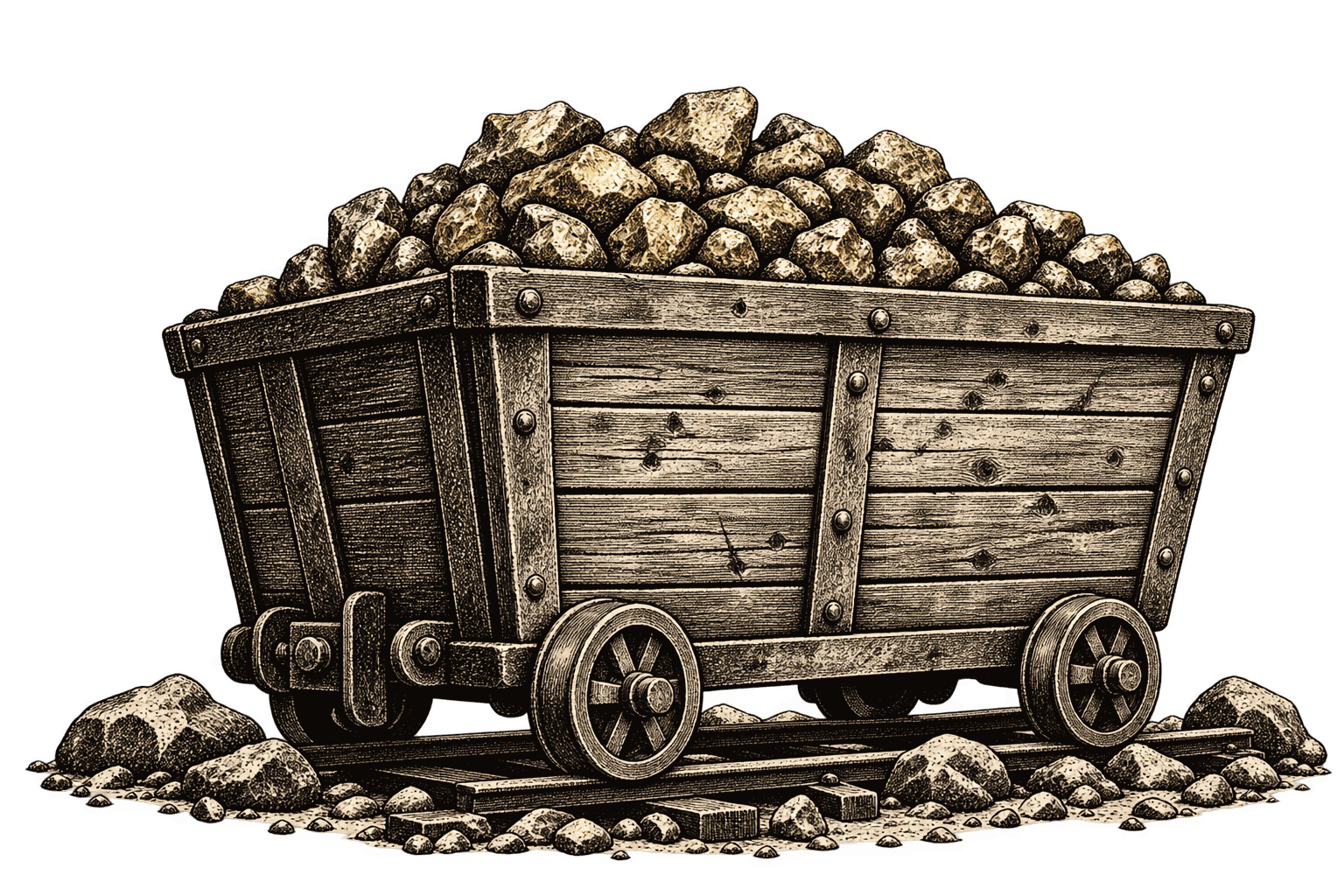 Illustration of a mining cart filled with gold ore