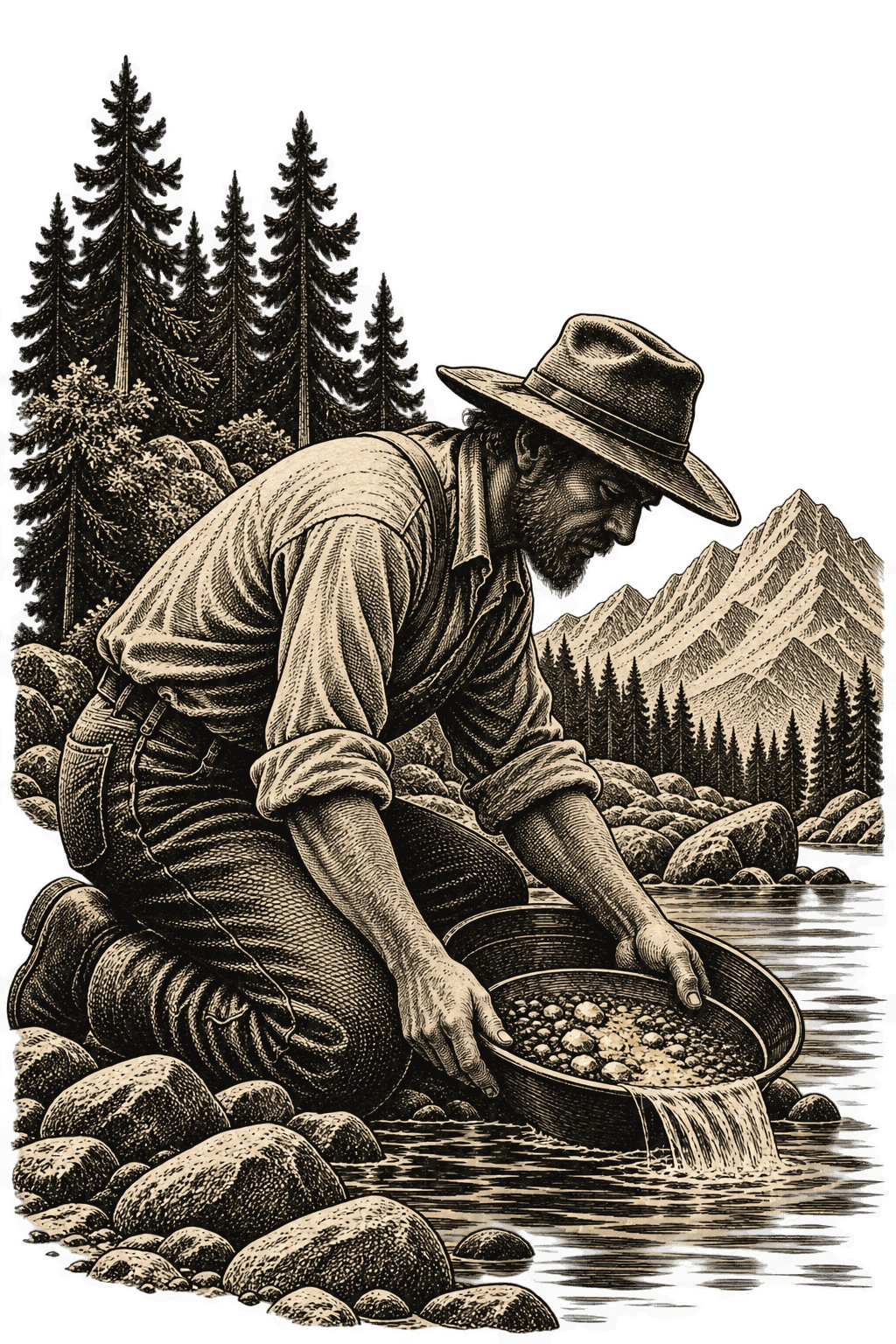 Illustration of a prospector kneeling at a riverbank panning for gold