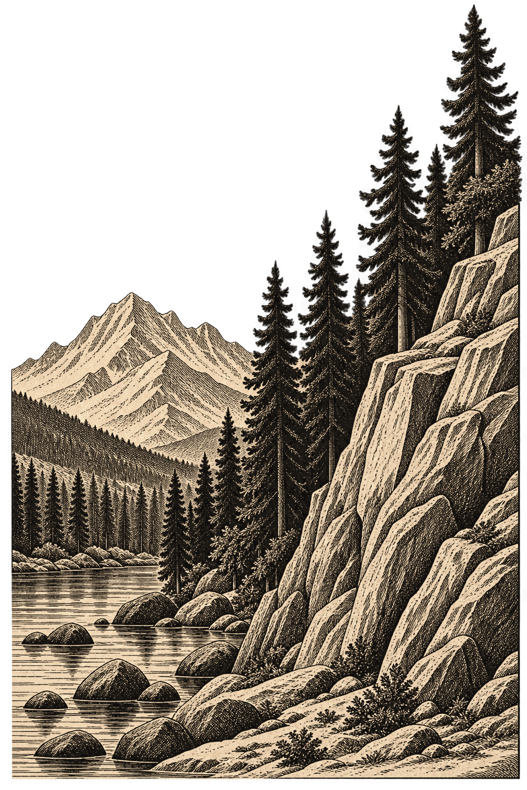 Illustration of a pine-covered ridge above a river, beneath a mountain peak