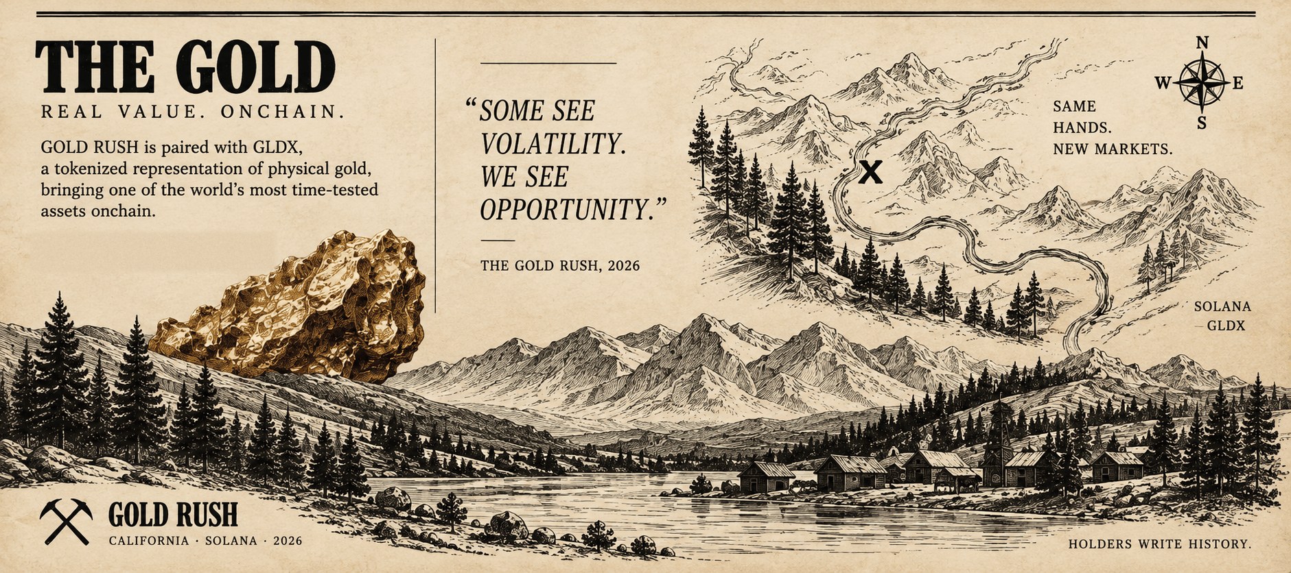 The Gold — real value, onchain. GOLD RUSH is paired with GLDX, a tokenized representation of physical gold. Illustration of a raw gold nugget beside a map of a mountain valley with a river winding past an 'X' toward a mining settlement — same hands, new markets. GOLD RUSH, California, Solana, 2026. Holders write history.